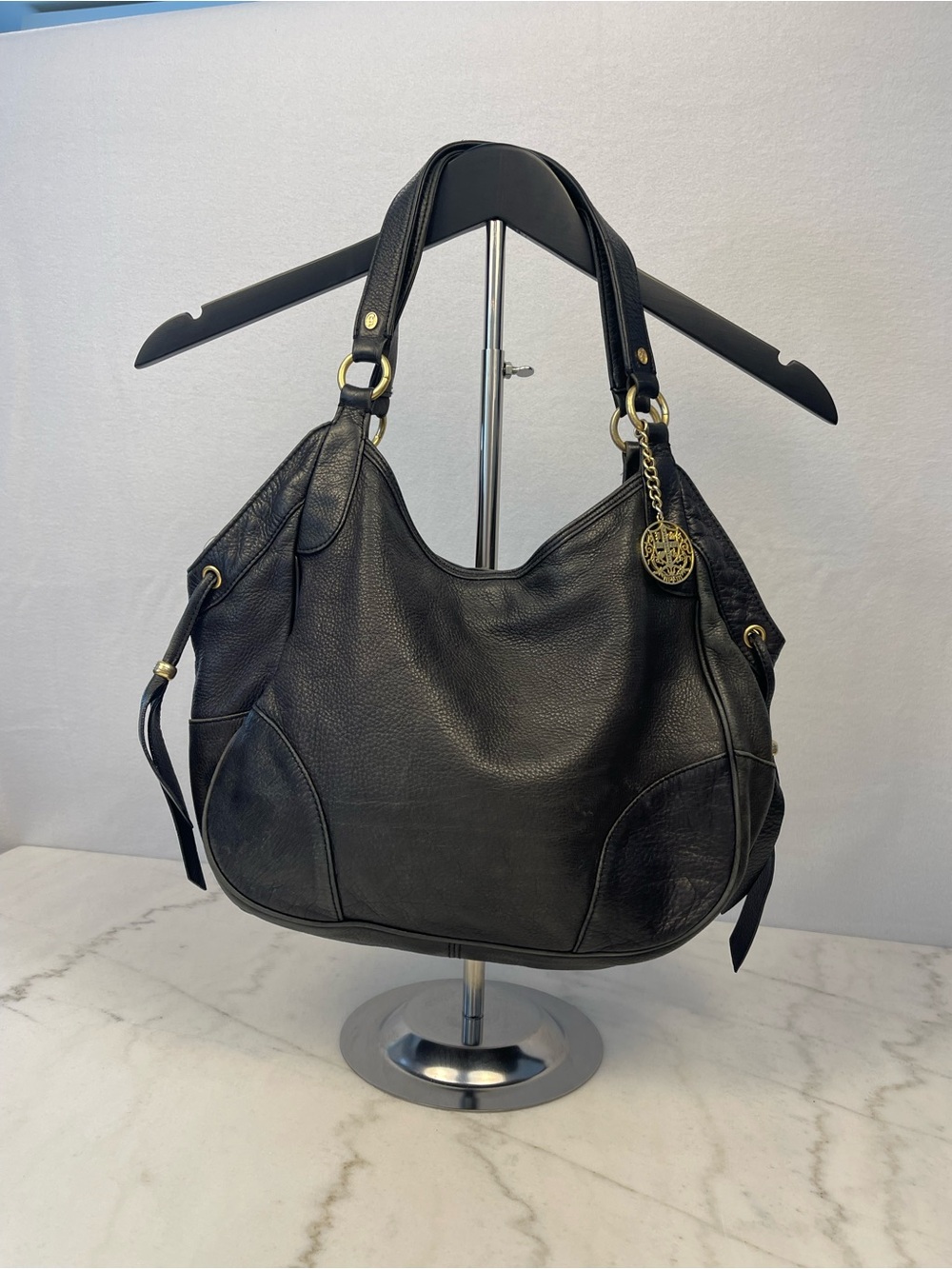 Juicy Couture Black Leather Hobo Shoulder Bag with Gold Charm